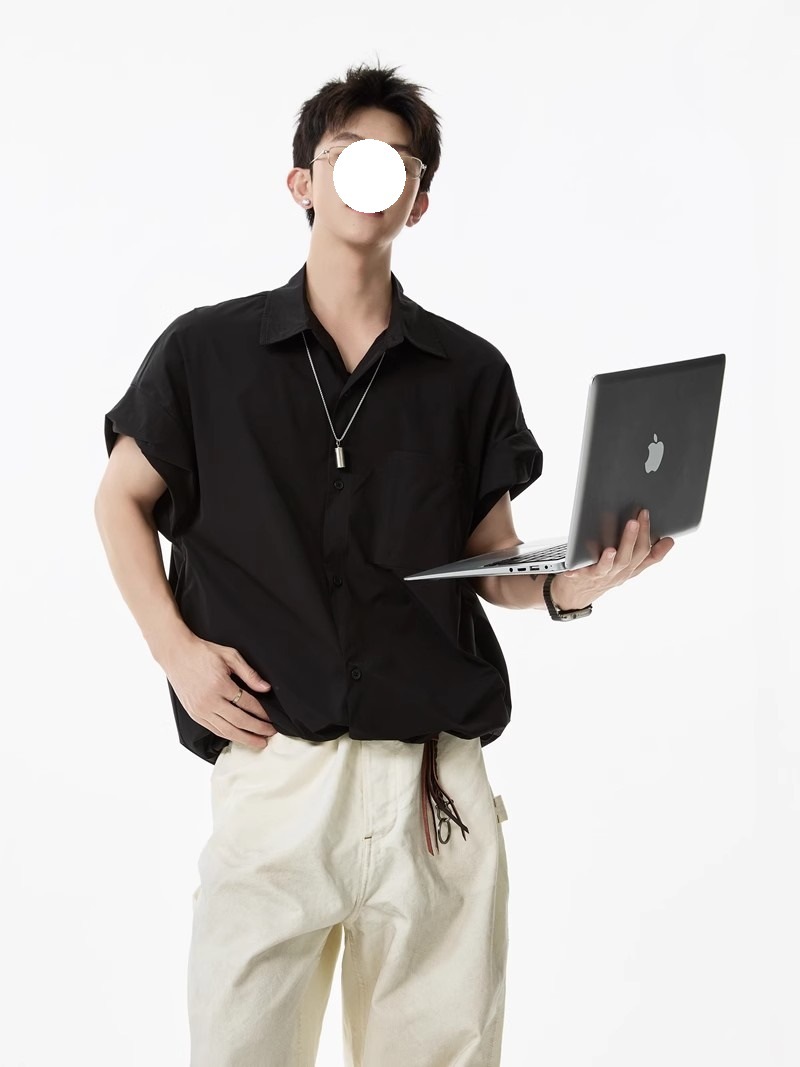 Khaki Tooling Shirt Short-sleeved Men's Summer American Simple Loose Lapel Shirt Drawstring Design Couple Inch Clothes Tide_viptrois.com