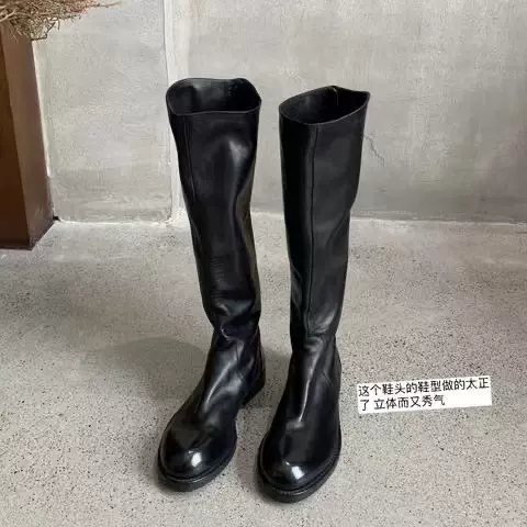 水洗牛皮~软皮厚底长筒不过膝长靴女英伦瘦瘦靴粗跟高筒靴骑士靴