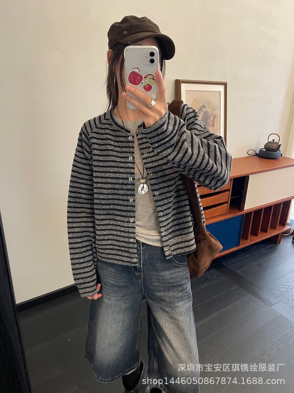 琪镌绘制韩系条纹撞色圆领针织开衫女秋季新款百搭毛衣外套25321|undefined
