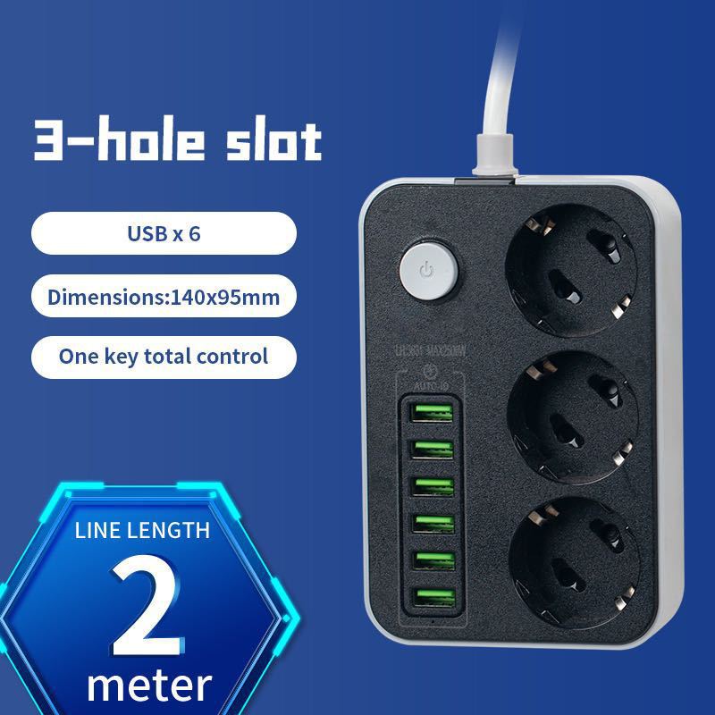 Enchufe de calibre europeo 3 agujero redondo + 6 * USB 2 M
