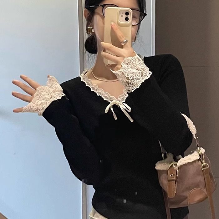 蝴蝶结法式v领长袖针织衫女秋冬设计感小众高级感超好看粉色毛衣|undefined