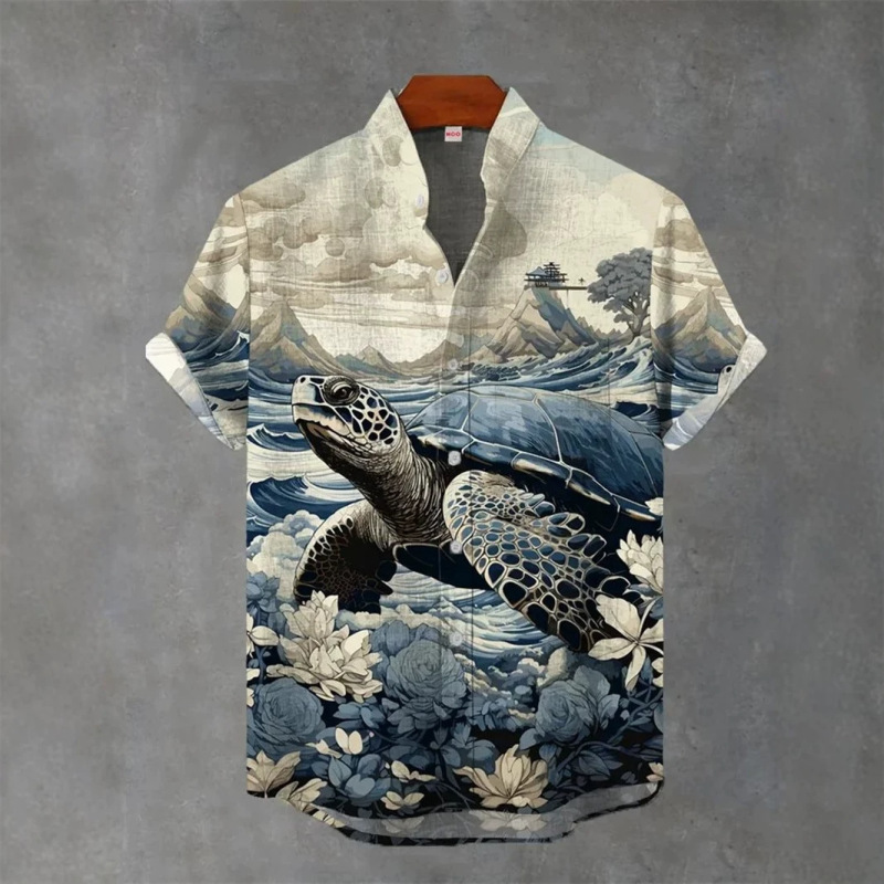 Summer New Style National Trend Ink Wash Turtle Short-Sleeved Shirt for Men, Ice-Feel Loose Casual Shirt