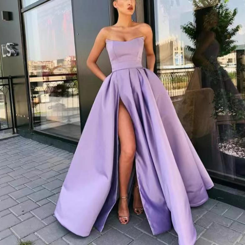 2025 nuevo vestido de comercio exterior europeo y americano, vestido de actuación, top de tubo sexy, vestido de noche de anfitrión de banquete largo dividido