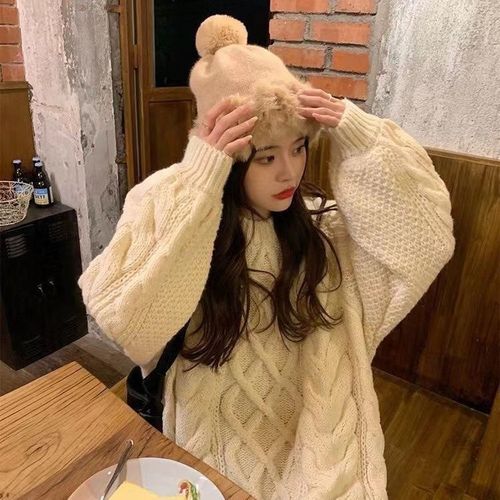 Korean women's round neck twist sweater spring, autumn and winter purple wear sweet sweater women's lazy style top