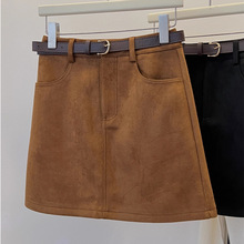 咖色麂皮绒半身裙女秋冬加厚呢子A字裙大码胖MM高腰显瘦包臀短裙