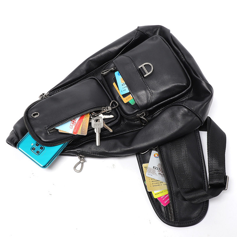 Túi đeo ngực nam da bò thật cổ điển 18×8×31 cm — Màu đen