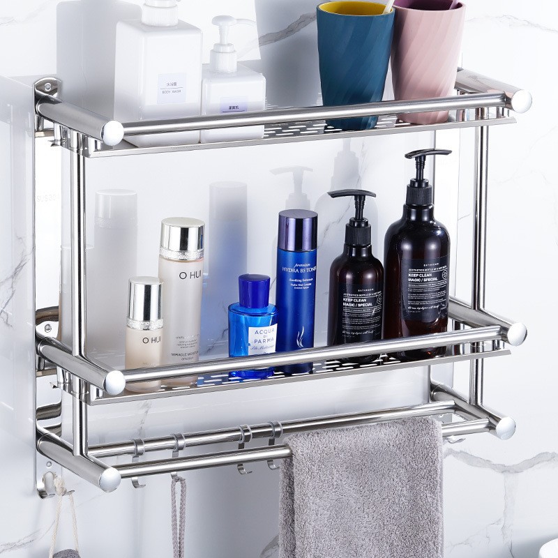 Bathroom Stainless Steel Three-layer Storage Rack Non-perforated Double-layer Storage Rack Bathroom Double-layer Bath Towel Rack Wall Hanging