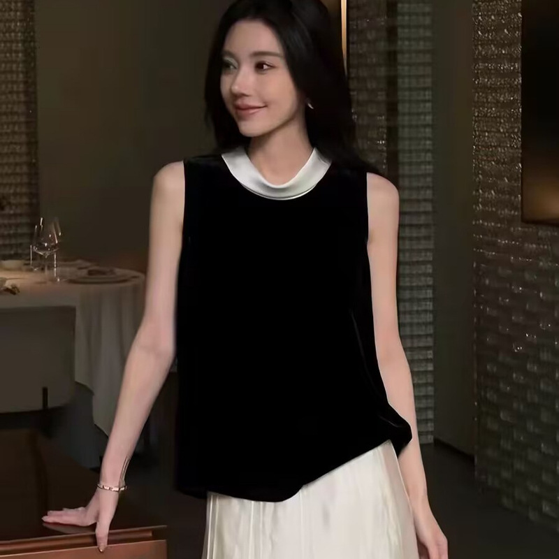 High-End Stand-Collar Color-Block Velvet Sleeveless Vest T-Shirt for Women, New Summer 2026 Style, Loose Fit, Slimming, Versatile Top for Petite Figures
