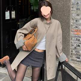高级感气质慵懒风设计感双面穿格纹立领质感风衣外套女中长款上衣