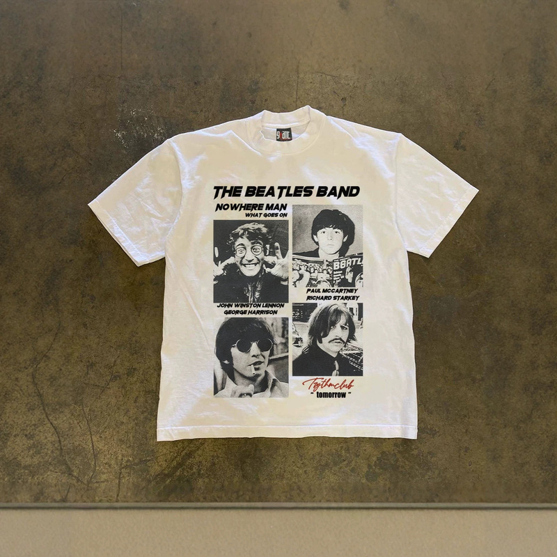 250g heavy-weight pure cotton! American-style oversized The Beatles band print vintage loose-fitting short-sleeve T-shirt for men 250g heavy-weight pure cotton! American-style oversized The Beatles band print vintage loose-fitting short-sleeve T-shirt for men