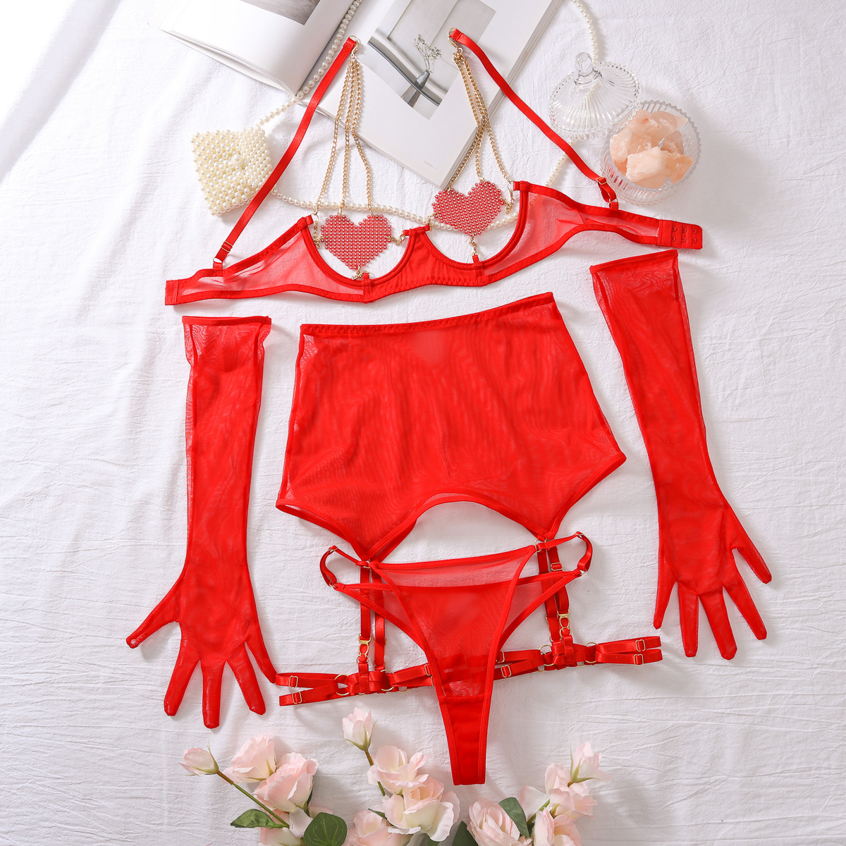 Red Color Crystal Heart Lingerie Set