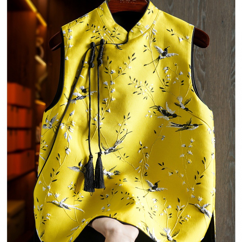 Amarillo SEDA-como brocado chaleco primavera de las Mujeres Nuevo diseño original retro bordado estilo chino hebilla superior