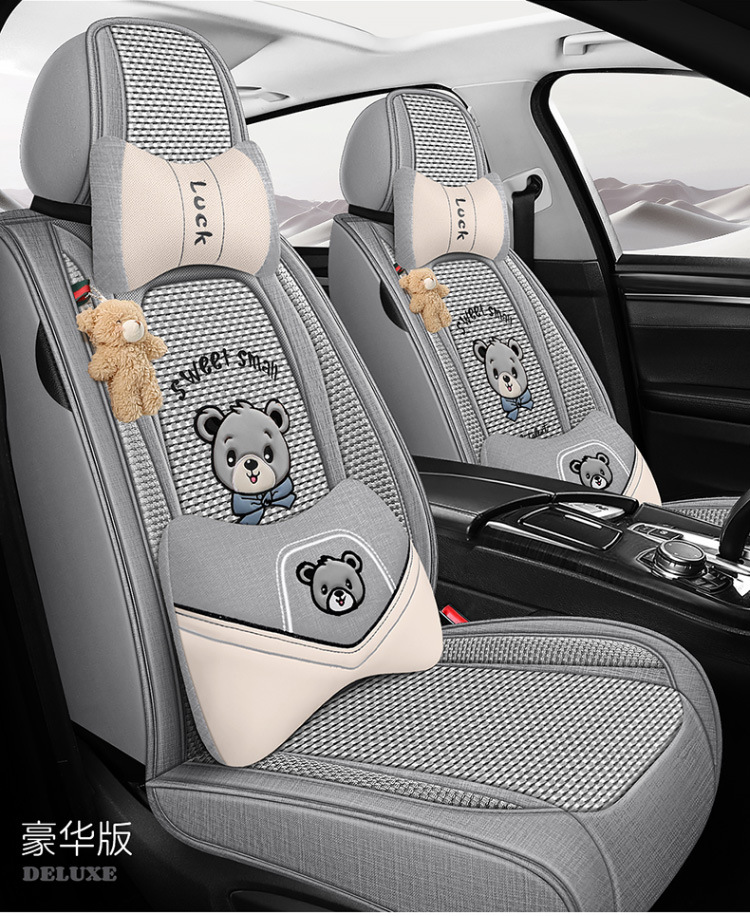 New All-Season Universal Car Seat Cushion, Full-Coverage Seat Cover, Cartoon Cute Linen, High-Grade Goddess Breathable Cotton