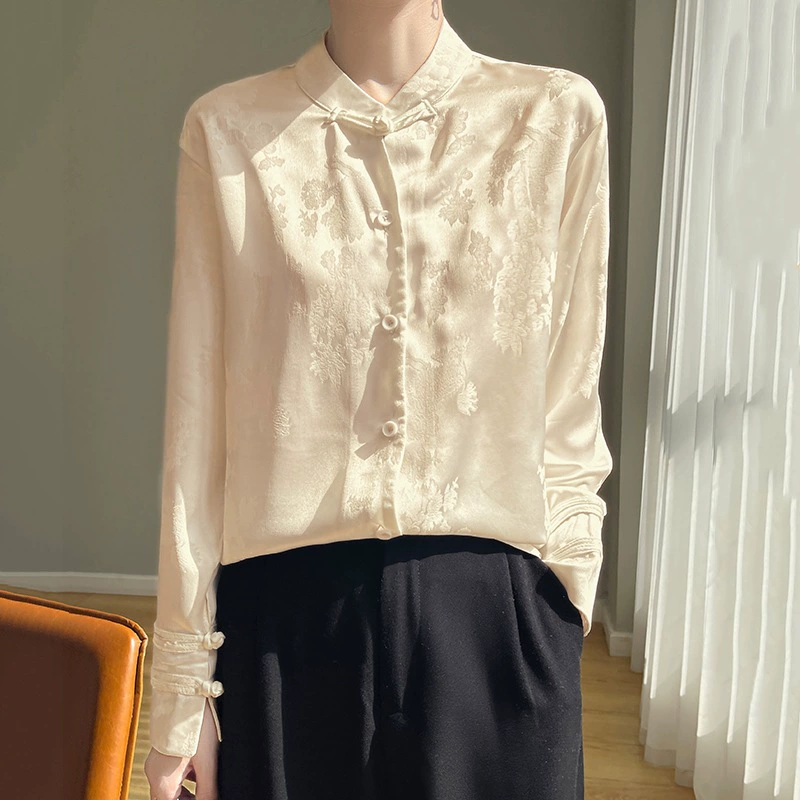 2024 весна и лето новый китайский стиль атласный стоячий воротник рубашка женский дизайн