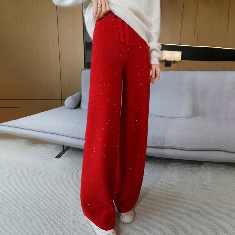 Thickened High Waist Wide Leg Pants Loose Straight Wool Pants Gold and Silver Bright Silk Bead Outer Wear Casual Pants Factory Straight Hair