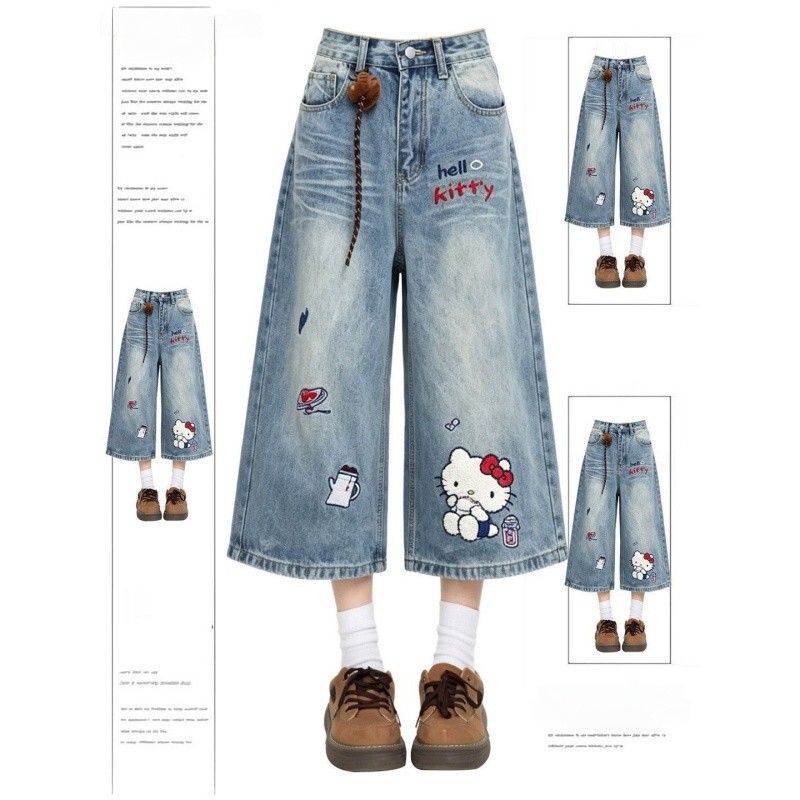 Kitty Cat Embroidered High-Waisted Cropped Jeans for Women, 2026 Summer New Design Short Wide-Leg Pants Kitty Cat Embroidered High-Waisted Cropped Jeans for Women, 2026 Summer New Design Short Wide-Leg Pants