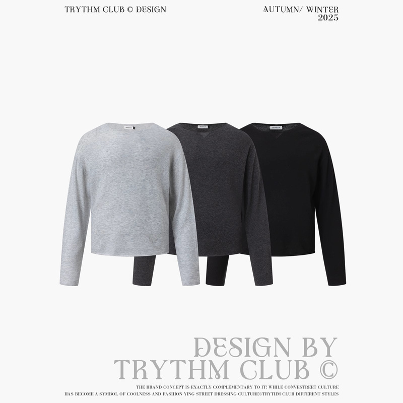 Trythmclub One-Line Collar Loose Wool Brushed Long-Sleeved Simple Sweater Couple T-Shirt Tops for Men