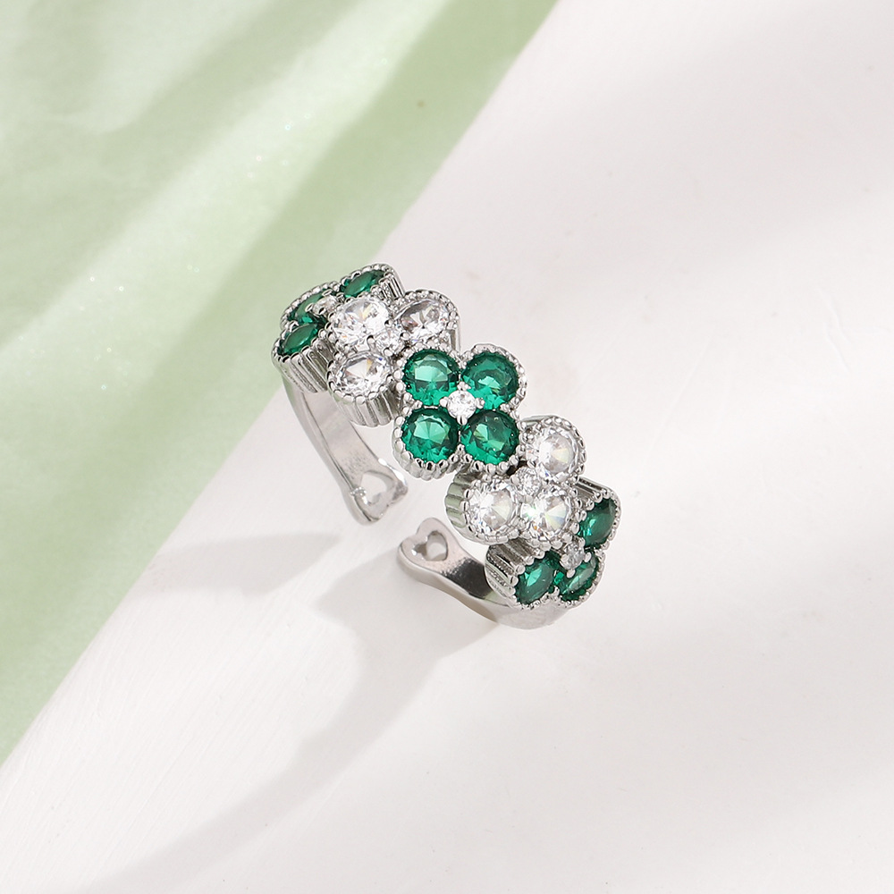 Anillo trébol 4 hojas vintage, estilo palacio, circonita verde esmeralda, ajustable