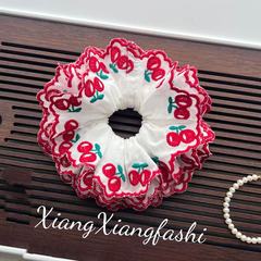 甘いさくらんぼ刺繍二重大腸髪輪女性韓系髪団子髪ひも低馬尾頭ひも皮筋