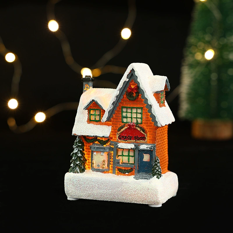 Miniature resin house decorations, micro landscape LED models, battery‑powered, assorted sizes 7–10 cm