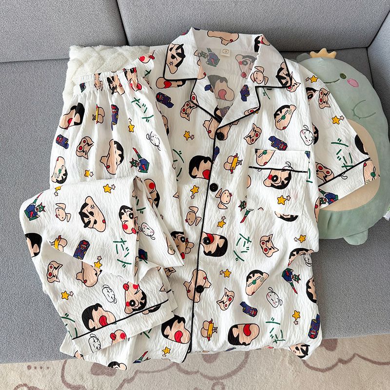 Verano hombre nube algodón corto y largo dos piezas conjunto de pijamas de moda simple con tapa cardigan ropa de hogar se puede usar fuera delgada