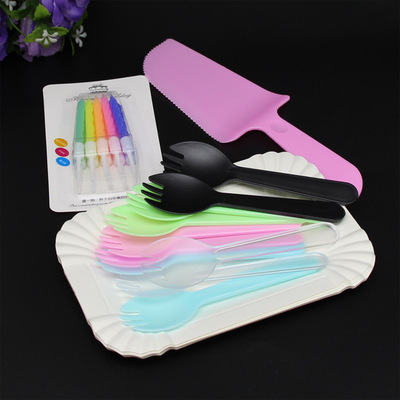 生日蛋糕刀叉盘套装一次性餐具餐盘加厚叉勺现货批发 蛋糕刀叉盘