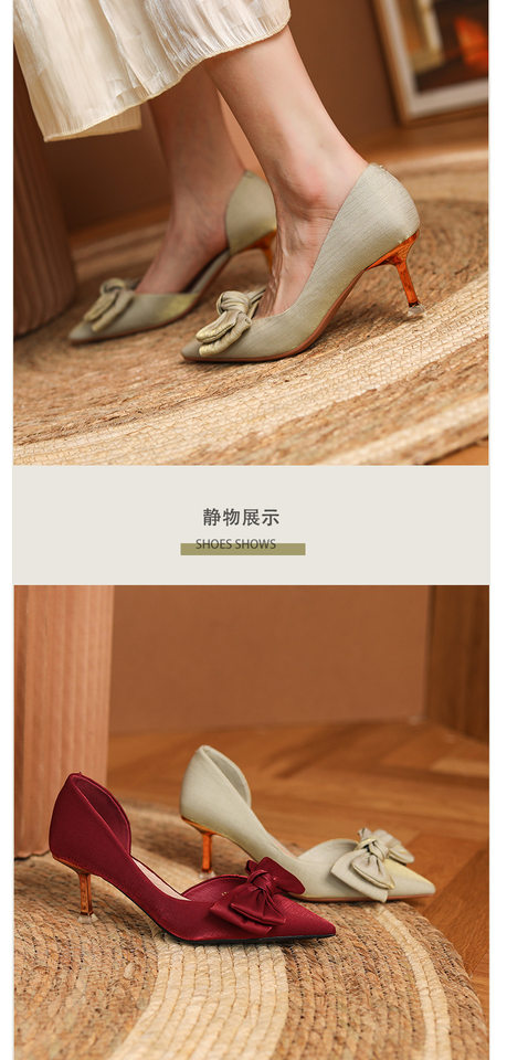 Giày cao gót nữ mũi nhọn gót 6–8 cm chất liệu satin, thắt nơ, cổ thấp, giày cưới — Màu mơ, Màu đen, Màu đỏ rượu chi tiết 7