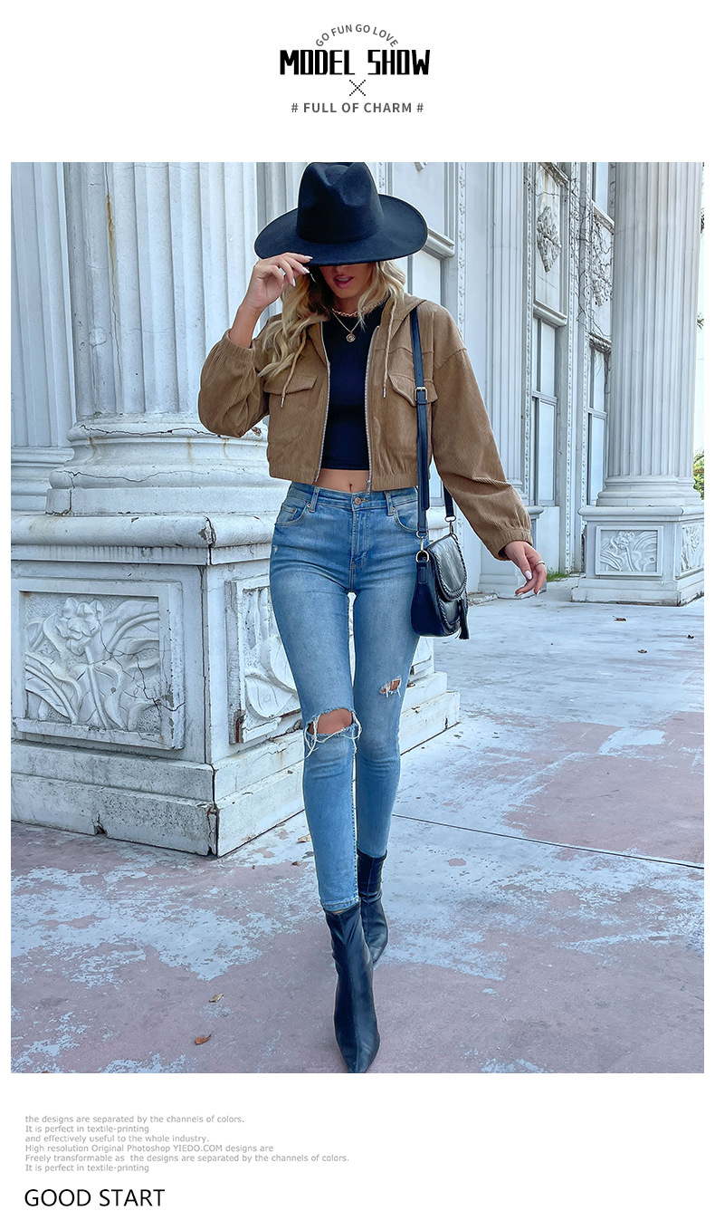 Solid Color Hooded Corduroy Women's Jackets_voghion.com