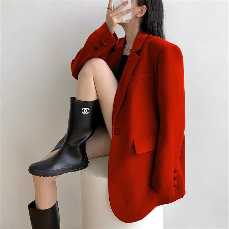 2025春秋新款灰色西服外套西装黑色设计垫肩宽松休闲女式夹克|undefined