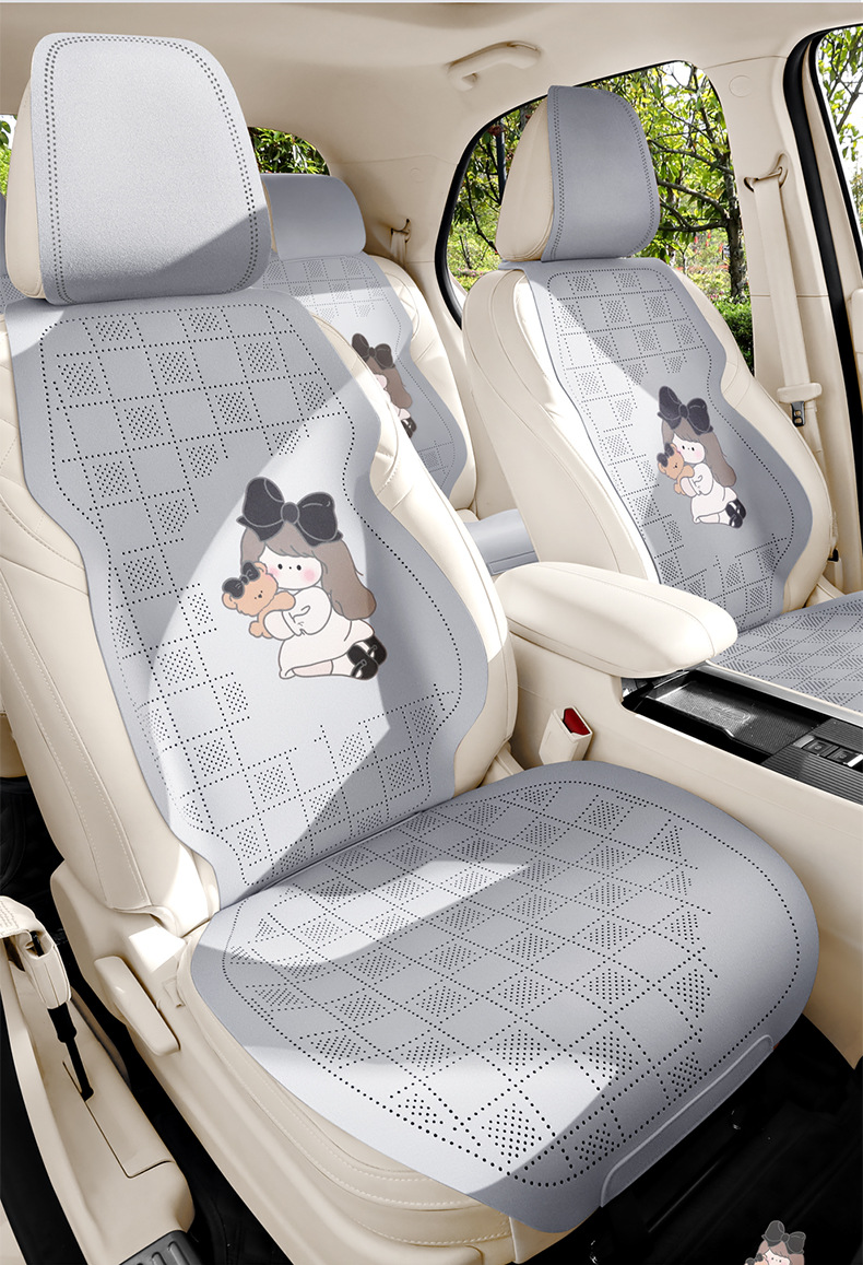 Cross-Border Car Seat Cushion Set, Faux Suede Leather, Three-Piece Semi-Cover, Breathable Perforated, Universal for All Seasons, Faux Leather Seat Cover
