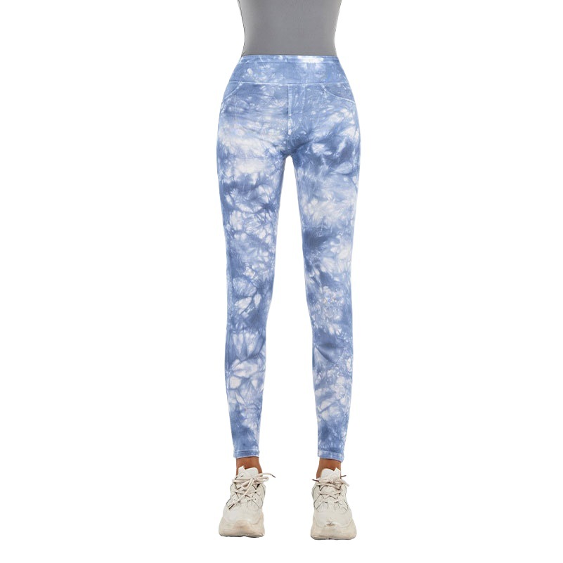 Pantalones de fitness de mezclilla teñidos de cintura alta transfronterizos nuevos pantalones de fitness de cintura alta elásticos de las mujeres que adelgazan la cadera apretados yoga deportes pantalones Casuales