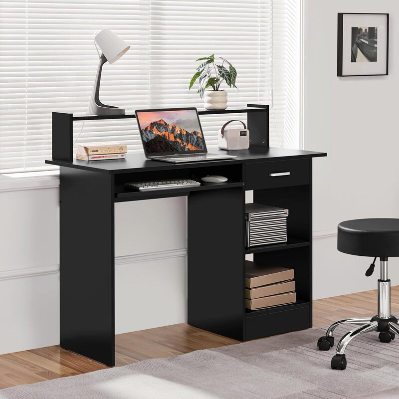 Home Office Wooden Computer Desk with Drawer Tray, Laptop Desk with Cabinet and Storage Shelf