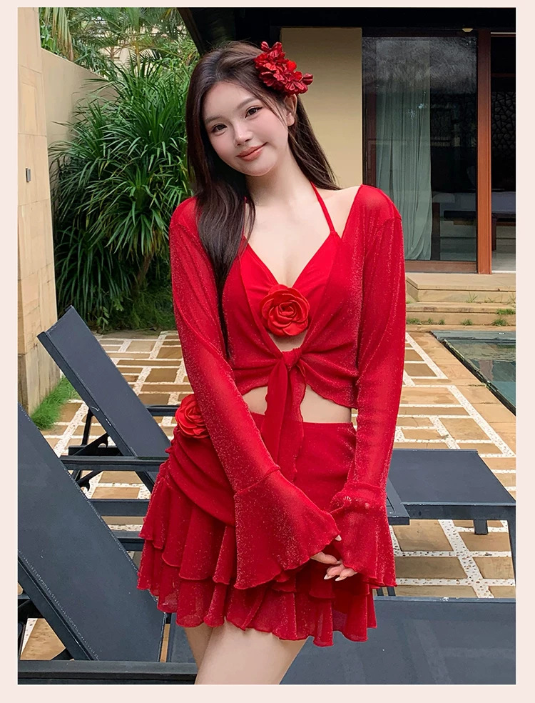 Plus-size Red Four-piece Bikini Set With Long Sleeve Sun Protection_voghion.com