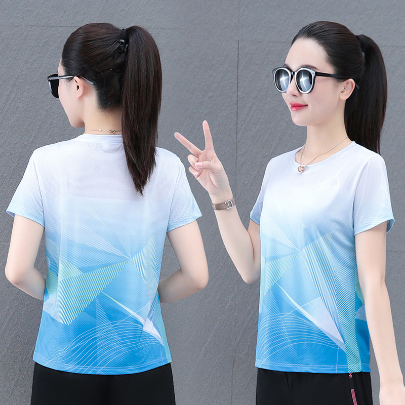 Mesh Breathable Ice-Feel Quick-Drying Elastic Round Neck Short-Sleeved T-Shirt for Women Summer Thin Style Contrasting Color Sports T-Shirt