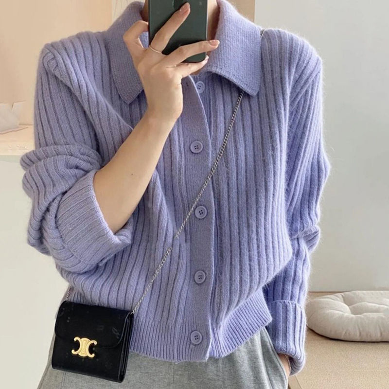 克莱因蓝翻领毛衣开衫女春秋季2025新款软糯针织外套上衣宽松显瘦