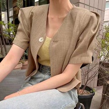 韩版夏季简约亚麻小西装衬衫短款气质高级感百搭一粒扣上衣小外套
