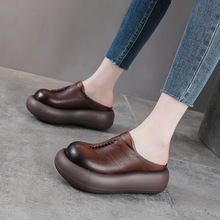 夏季新款头层牛皮外穿一脚蹬厚底包头拖鞋松糕跟复古真皮凉拖女鞋