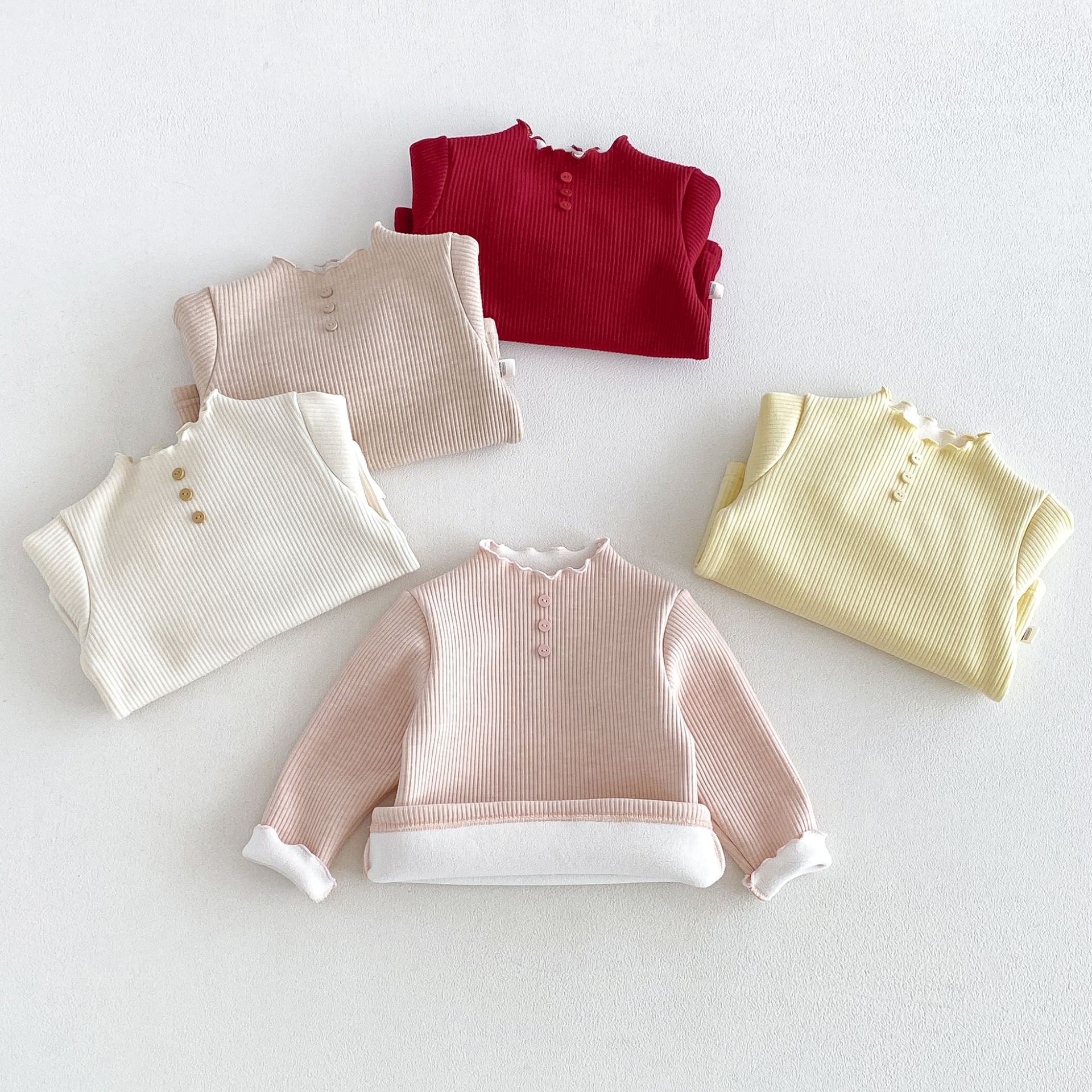 Girls' thickened base layer shirt, 2026 winter collection, baby fleece solid color ribbed innerwear, children's winter clothing, zdy6697