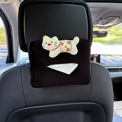 Car tissue box/set – or Armrest, Suitable for Women - plush-tissue-box-black-long-tabby-cat