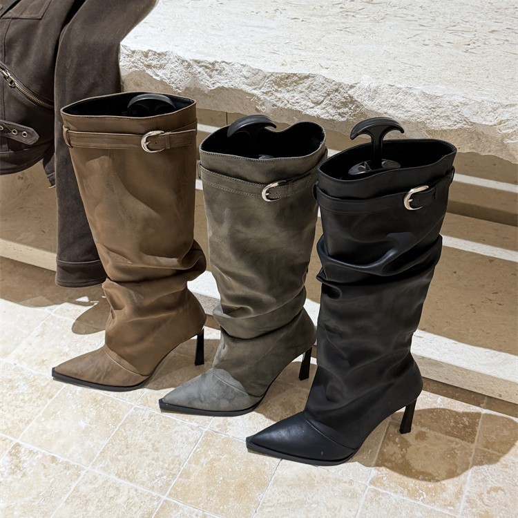 Vintage-style pointed-toe stacked boots for women with belt buckle, stiletto high boots, knight boots, early autumn high-heeled boots for trendy girls Vintage-style pointed-toe stacked boots for women with belt buckle, stiletto high boots, knight boots, early autumn high-heeled boots for trendy girls