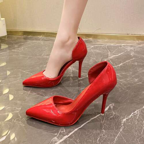 Women's Heeled Shoes with a Slender High Heel, Red Sole, Korean Style, Sexy, Low-Top, Pointed Toe, Side Open, Polished Leather Shoes for Plus Size