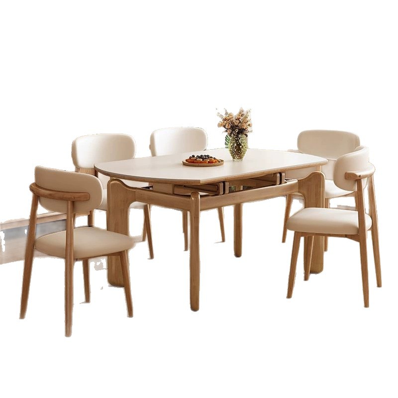 Madera de fresno, madera maciza, radio, mesa de comedor de tablero de roca de estilo nórdico de estilo japonés, mesa de comedor de troncos plegables con patas de elefante de estilo crema