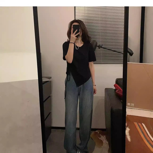 Women's Short-Sleeve T-Shirt for Summer, 2025 New Arrival with Drawstring Design, Unique and Minimalist Style, High-Waisted Student Top