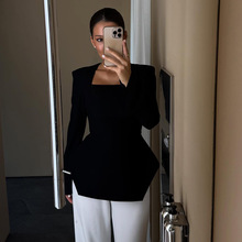 欧美女装2025秋甜美清新方领长袖高腰显瘦不规则下摆女士衬衫上衣