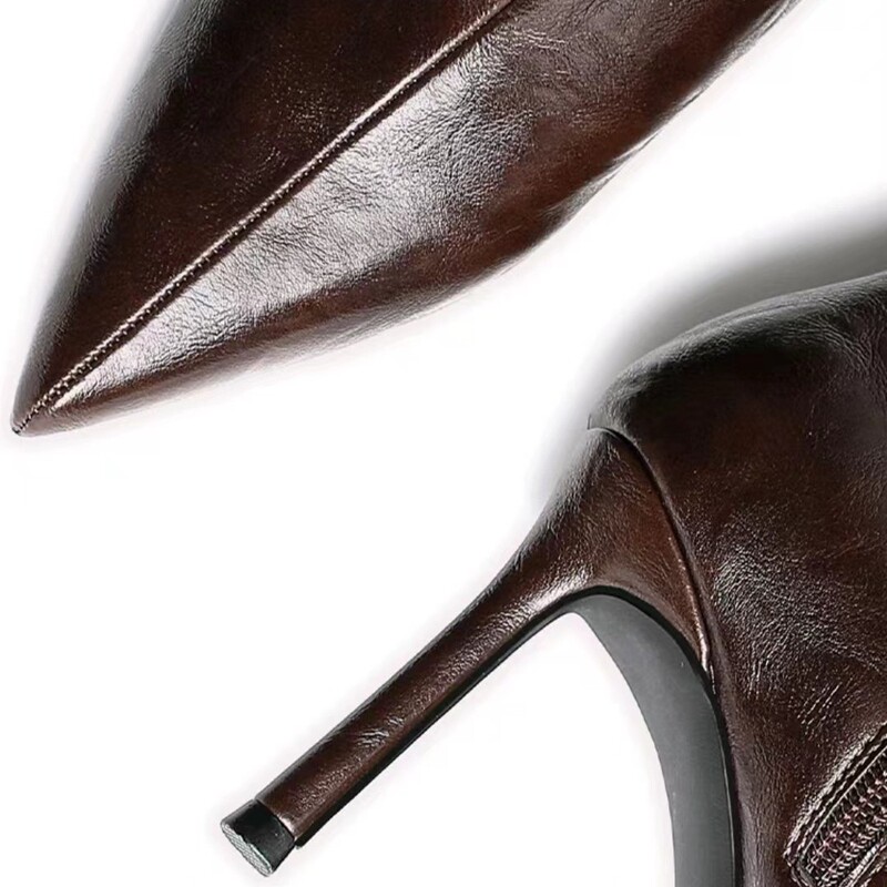Skinny Boots Women's High-heeled Ankle Boots 2024 New Autumn and Winter British Martin Boots Middle Boots Thin Heel Pointed brown Single Boots