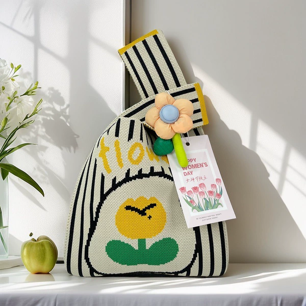 Striped tulip black + flower orange + brooch + tag