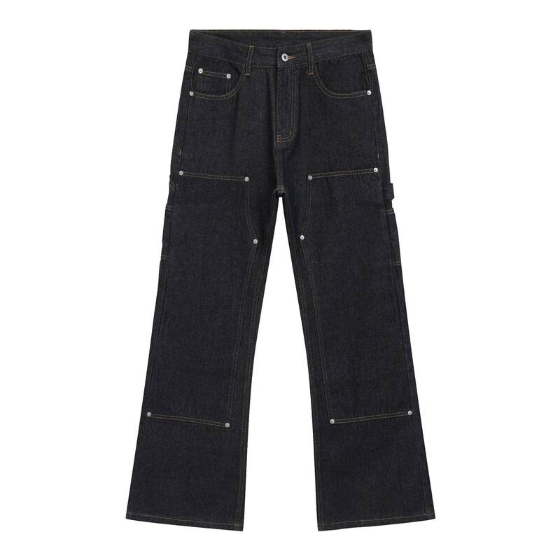 Quần jean nam ống loe nhẹ dáng chữ A phong cách đường phố, cạp vừa, dài — Xanh denim