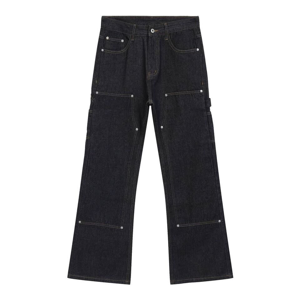 Quần jean nam ống loe nhẹ dáng chữ A phong cách đường phố, cạp vừa, dài — Xanh denim