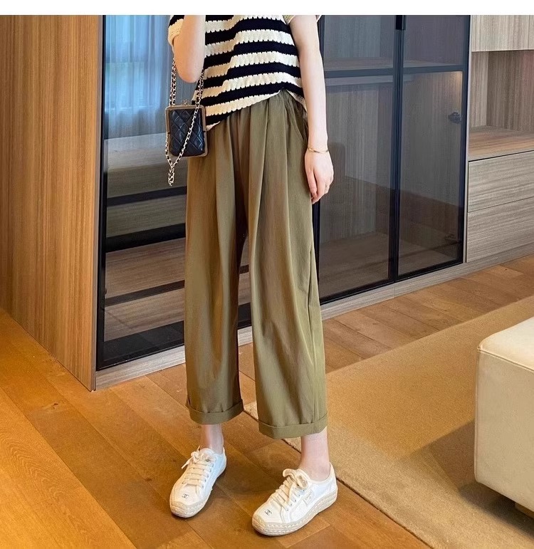 Quần dài ống đứng nữ vải lụa băng mỏng mùa hè, dáng suông thoáng khí, cỡ lớn cho người mập — 9 phân mẫu mỏng màu đen chi tiết 9
