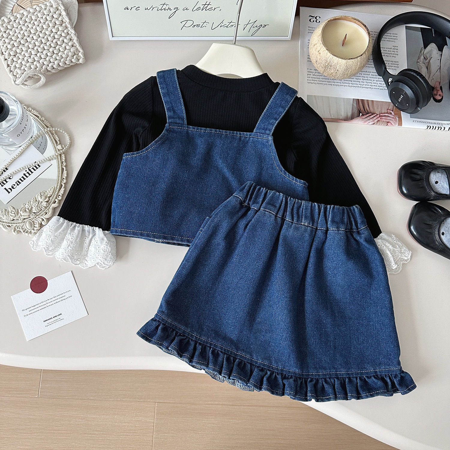 2024 Autunno Nuovo Coreano Ragazze Cowboy Strap Gonna Set, Bambino Elegante Due Pezzi Set 67620_voghion.com